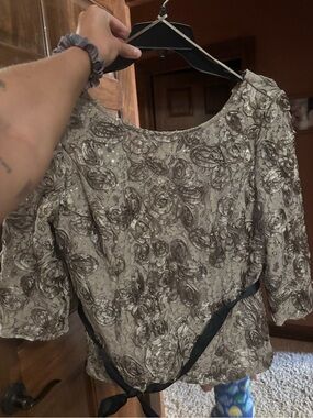 Alex Evenings Taupe Floral Sequin Evening Top with Black Sash